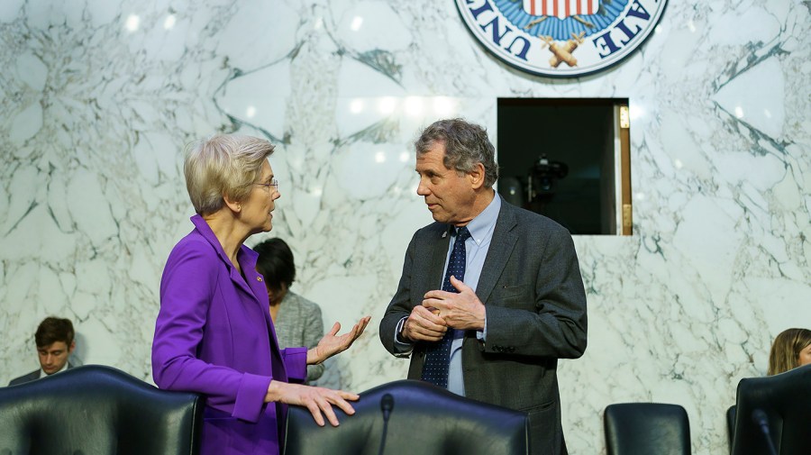 Sen. Elizabeth Warren (D-Mass.) speaks to Senate Banking, Housing, and Urban Affairs Committee Chairman Sherrod Brown (D-Ohio