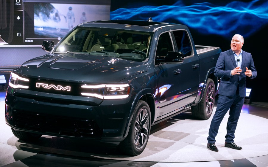 Mike Koval, RAM Brand Chief Executive Officer, introduces the REV Ram 1500 at the New York International Auto Show in New York Wednesday, April 5, 2023. (AP Photo/Craig Ruttle)