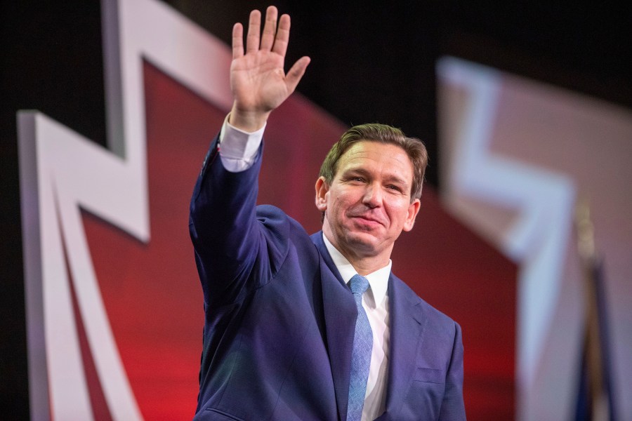 Florida Gov. Ron DeSantis speaks at the 2023 Pennsylvania Leadership Conference in East Pennsboro Township, Pa., on Saturday, April 1, 2023. (Mark Pynes/The Patriot-News via AP)