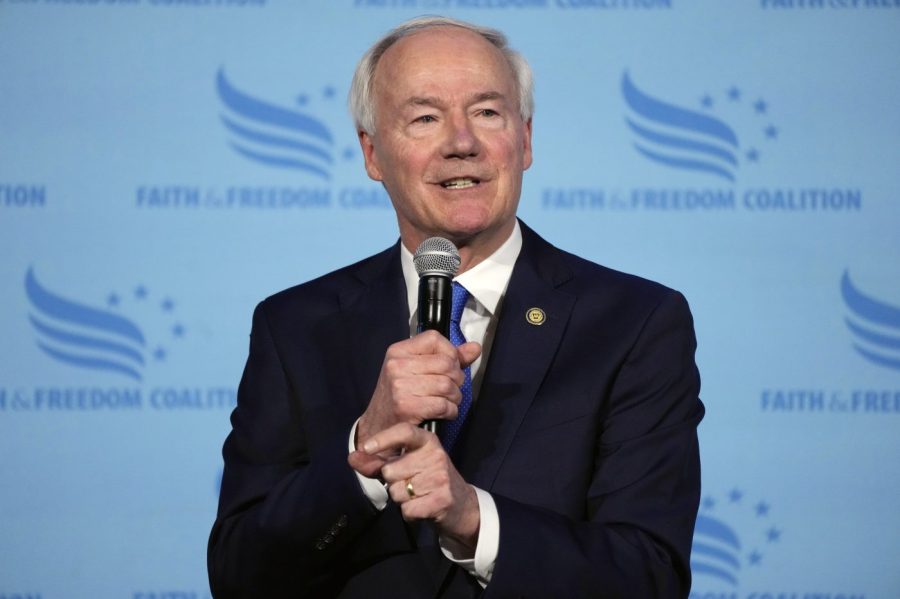 Republican presidential candidate and former Arkansas Gov. Asa Hutchinson speaks during the Iowa Faith and Freedom Coalition Spring Kick-Off, Saturday, April 22, 2023, in Clive, Iowa. (AP Photo/Charlie Neibergall)