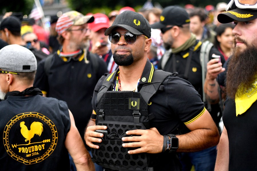 FILE - Proud Boys chairman Enrique Tarrio rallies in Portland, Ore., on Aug. 17, 2019. A federal jury is scheduled to hear a second day of attorneys’ closing arguments in the landmark trial for former Proud Boys extremist group leaders charged with plotting to violently stop the transfer of presidential power after the 2020 election.(AP Photo/Noah Berger, File)