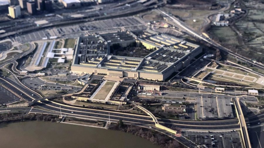 The Pentagon is seen in this aerial view made through an airplane window in Washington, Jan. 26, 2020.