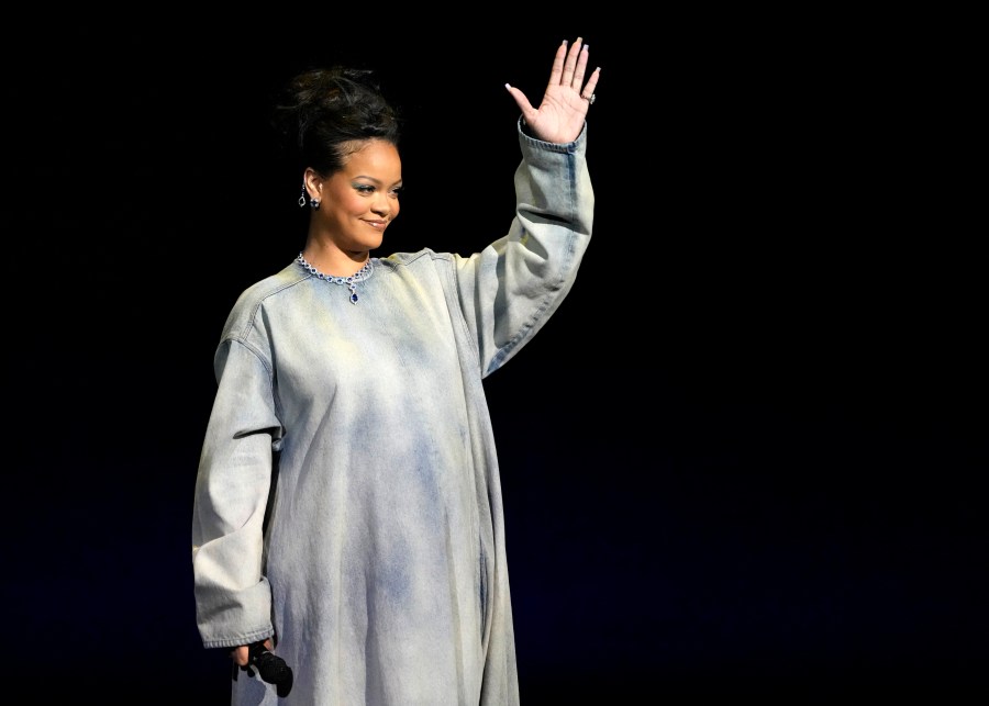 Rihanna, a cast member in the upcoming film "The Smurf Movie," waves to the audience during the Paramount Pictures presentation at CinemaCon 2023, the official convention of the National Association of Theatre Owners (NATO) at Caesars Palace, Thursday, April 27, 2023, in Las Vegas.