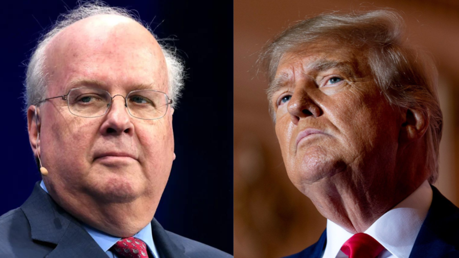 Karl Rove (left) at a 2019 event in Beverly Hills, California. Former President Donald Trump (right) at his Mar-a-Lago resort following an FBI search for classified documents.