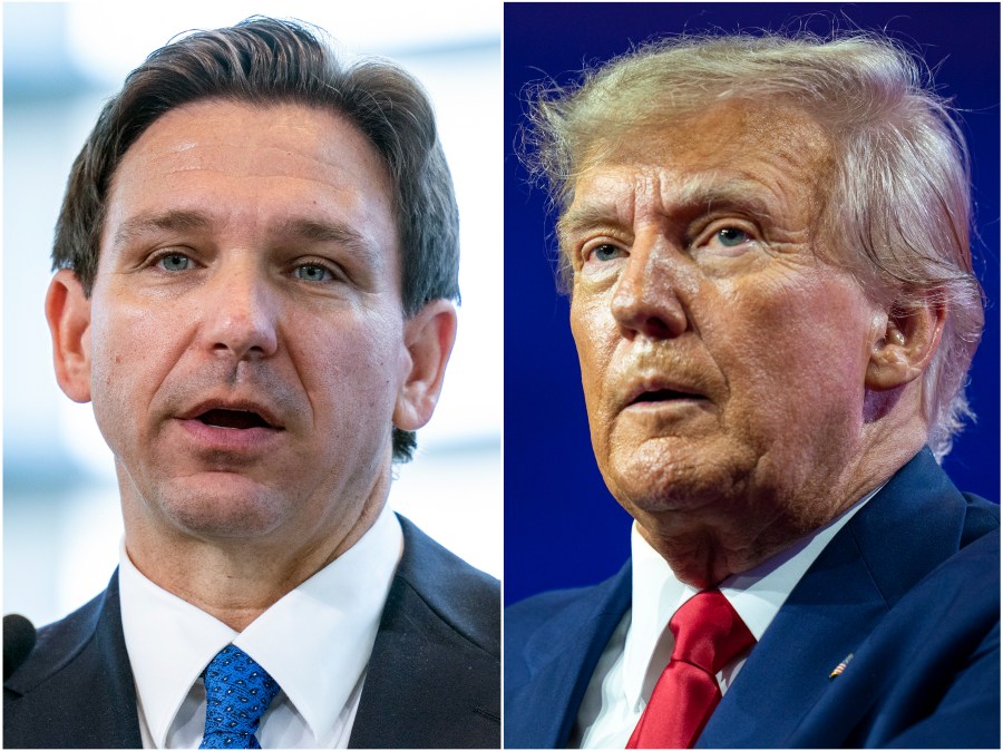 FILE - This combination of photos shows Florida Gov. Ron DeSantis speaking on April 21, 2023, in Oxon Hill, Md., left, and former President Donald Trump speaking on March 4, 2023, at National Harbor in Oxon Hill, Md. A Florida ethics board has dismissed a complaint that allies of Trump filed against DeSantis, finding no legal basis for allegations that the governor violated campaign finance laws with a “shadow” run for the White House. (AP Photo/Alex Brandon, File)