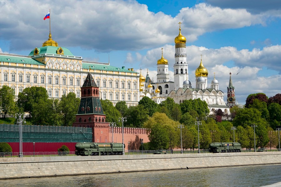 Russian RS-24 Yars ballistic missiles drive along the embankment next to the Kremlin wall after the Victory Day military parade in Moscow, Russia, Tuesday, May 9, 2023, marking the 78th anniversary of the end of World War II. (AP Photo/Alexander Zemlianichenko)