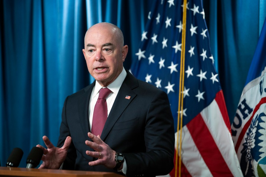 Secretary of Homeland Security Alejandro Mayorkas speaks at a news conference on Wednesday, May 10, 2023, ahead of the lifting of Title 42. (AP Photo/Kevin Wolf)