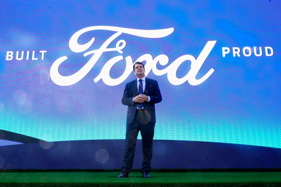 FILE - Jim Farley, Ford president and CEO, speaks during a presentation Tuesday, Sept. 28, 2021, in Memphis, Tenn. Farley says the company will stop competing in over-served market segments and instead will place big bets on connected vehicles and digital services. Farley said ahead of the company’s capital markets day event Monday, May 22, 2023 that the days of Ford being all things to all people are over. (AP Photo/Mark Humphrey, file)