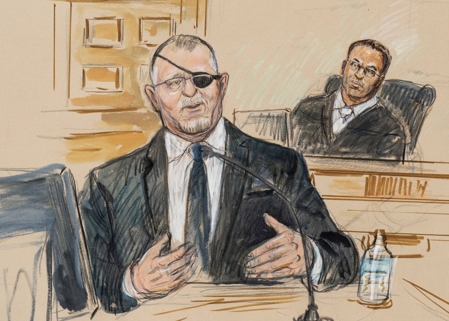 FILE - This artist sketch depicts the trial of Oath Keepers leader Stewart Rhodes, left, as he testifies before U.S. District Judge Amit Mehta on charges of seditious conspiracy in the Jan. 6, 2021, attack on the U.S. Capitol, in Washington, Nov. 7, 2022. Rhodes and members of his antigovernment group will be the first Jan. 6 defendants sentenced for seditious conspiracy in a series of hearings beginning this week that will set the standard for more punishments of far-right extremists to follow. (Dana Verkouteren via AP, File)