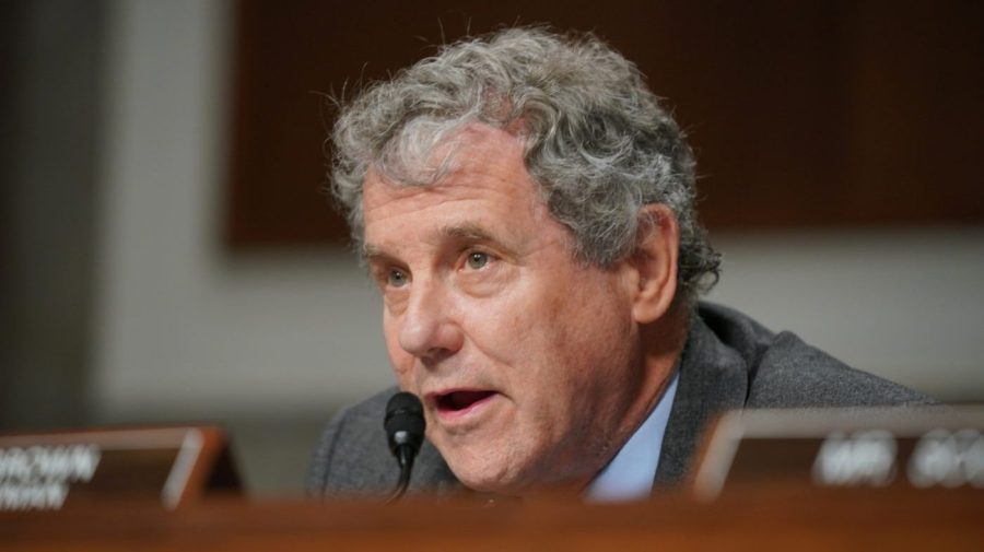 Sen. Sherrod Brown (D-Ohio) questions former executives of Silicon Valley Bank and Signature Bank at a Senate Banking Committee hearing on May 16, 2023.