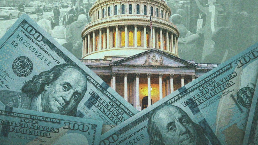 Photo illustration of Capitol dome sitting above gray-blue-toned $100 dollar-bills with a semi-transparent photo of people walking in New York City behind the dome on a light green background.