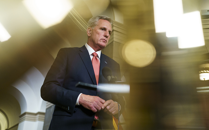 Speaker Kevin McCarthy is seen inside the Capitol in a motion-focused photo