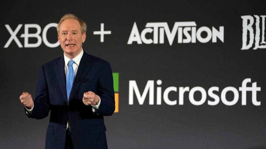 Microsoft President Brad Smith addresses a media conference regarding Microsoft's acquisition of Activision Blizzard and the future of gaming in Brussels, Tuesday, Feb. 21, 2023.