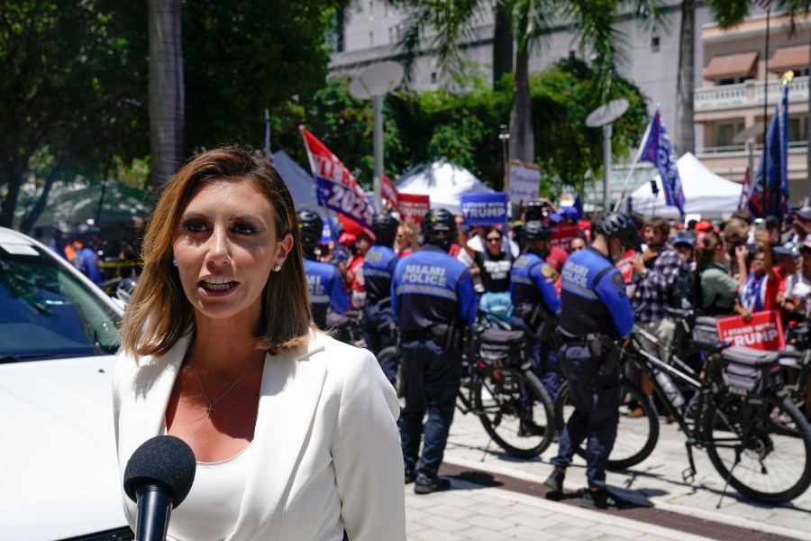 Alina Habba, lawyer for former President Donald Trump, speaks outside the Wilkie D. Ferguson Jr. U.S. Courthouse, Tuesday, June 13, 2023, in Miami. Trump appeared in federal court Tuesday on dozens of felony charges accusing him of illegally hoarding classified documents and thwarting the Justice Department's efforts to get the records back. (AP Photo/Alex Brandon)