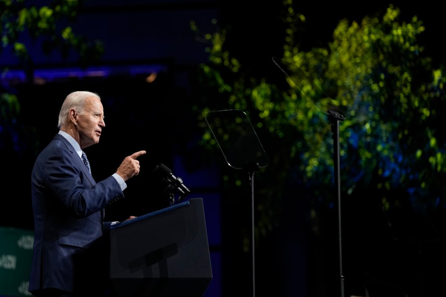 President Joe Biden speaks at the League of Conservation Voters annual capital dinner in Washington, Wednesday, June 14, 2023. (AP Photo/Susan Walsh)