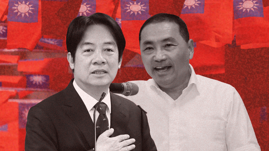 Photo illustration of Lai William of DPP and Hou Yu-ih of KMT. Both are in black and white and are center. The background is a collection of Taiwanese flags hanging overhead with different dot-like textures.