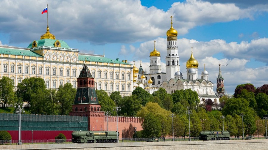 File - Russian RS-24 Yars ballistic missiles drive along the embankment next to the Kremlin wall after the Victory Day military parade in Moscow, Russia, Tuesday, May 9, 2023, marking the 78th anniversary of the end of World War II.