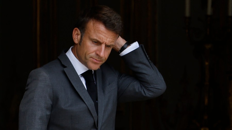 France's President Emmanuel Macron gestures prior to welcome UN Secretary-General for a meeting at the Elysee Palace in Paris, on June 21, 2023. (Photo by Ludovic Marin/AFP via Getty Images)