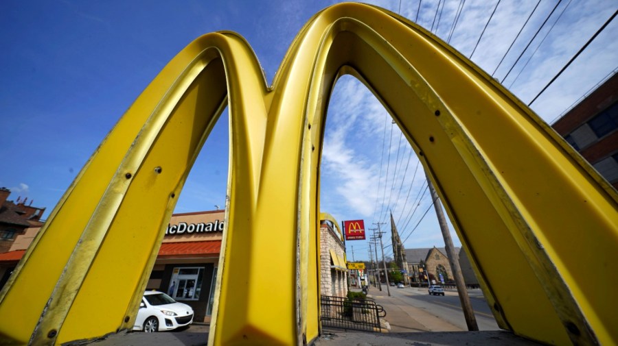 This is a sign outside a McDonald's restaurant in Pittsburgh on Saturday, April 23, 2022. (AP Photo/Gene J. Puskar)