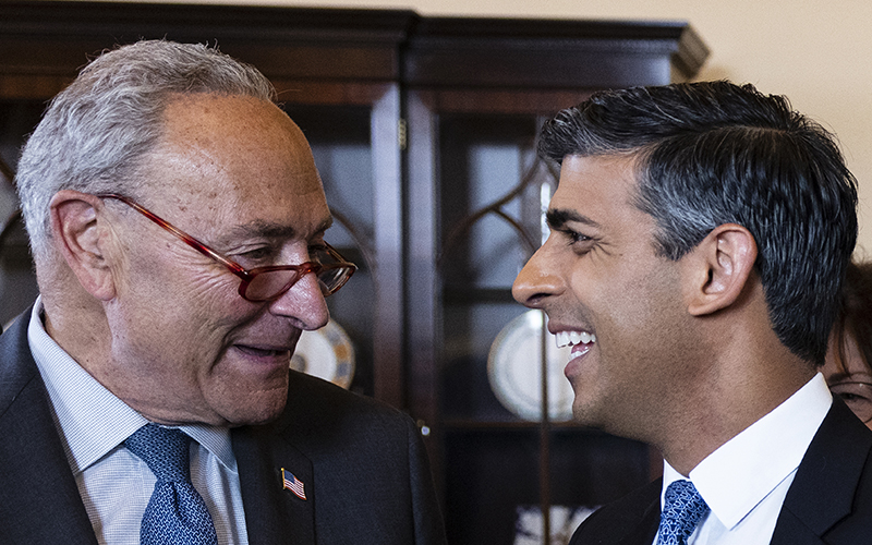 Senate Majority Leader Chuck Schumer (D-N.Y.) and British Prime Minister Rishi Sunak speak at the Capitol