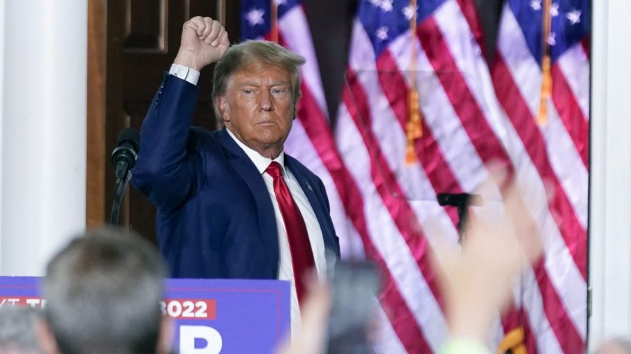 Former President Trump gestures after speaking at Trump National Golf Club in Bedminster, N.J., Tuesday, June 13, 2023, after pleading not guilty in a Miami courtroom earlier in the day to dozens of felony counts that he hoarded classified documents and refused government demands to give them back.