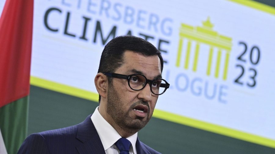 FILE - The Minister of Industry and Advanced Technology in the United Arab Emirates (UAE) and COP28 UAE President-Designate, Sultan Ahmed al-Jaber, attends a joint press conference on the second day of the Petersberg Climate Dialogue in Berlin, Germany, on May 3, 2023. The president of this years United Nations' climate talks has urged the oil and gas industry to reach net zero greenhouse gas emissions by or before 2050 at a speech Thursday, July 6, 2023, to oil producing states. (John MacDougall/Pool Photo via AP, File)