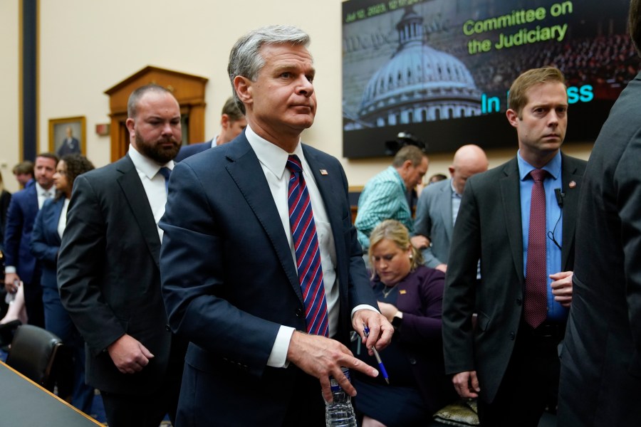 FBI Director Christopher Wray departs during a break in a House Committee on the Judiciary oversight hearing, Wednesday, July 12, 2023, on Capitol Hill in Washington. (AP Photo/Patrick Semansky)