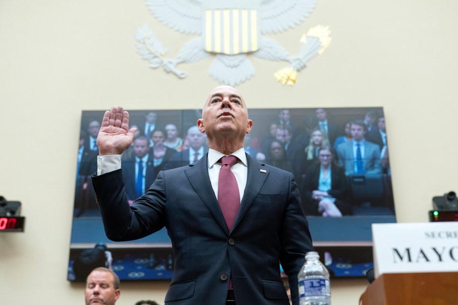 Homeland Security Secretary Alejandro Mayorka is sworn in before the House Judiciary Committee during a hearing on Oversight of the U.S. Department of Homeland Security on Capitol Hill in Washington, Wednesday, July 26, 2023. (AP Photo/Jose Luis Magana)