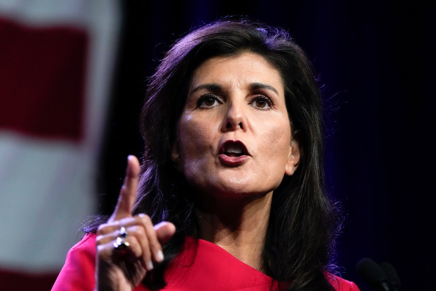 Republican presidential candidate former U.N. Ambassador Nikki Haley speaks at the Republican Party of Iowa's 2023 Lincoln Dinner in Des Moines, Iowa, Friday, July 28, 2023. (AP Photo/Charlie Neibergall)
