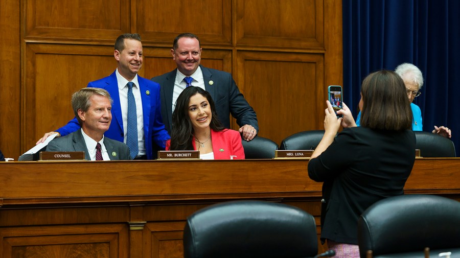 Reps. Tim Burchett (R-Tenn.), Jared Moskowitz (D-Fla.), Eric Burlison (R-Mo.) and Anna Luna (R-Fla.) pose for a photo