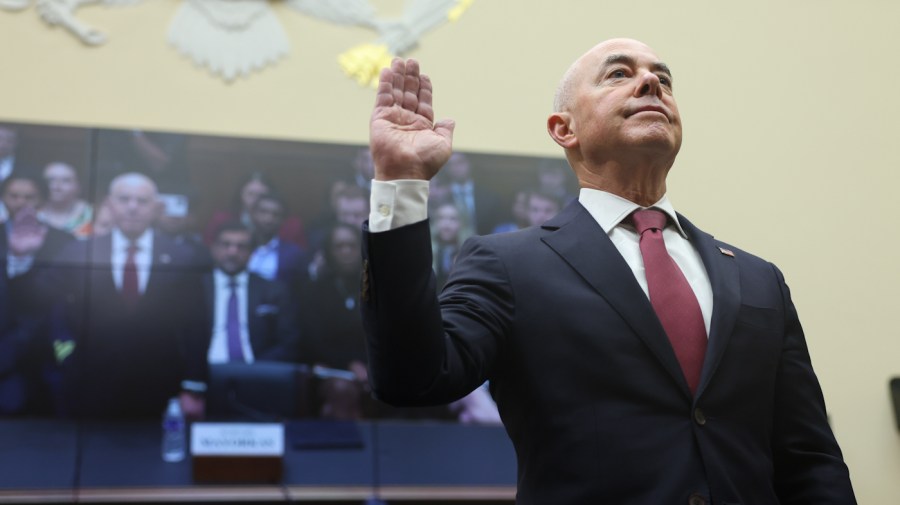 Department of Homeland Security Secretary Alejandro Mayorkas sworn in at a House Judiciary Committee oversight hearing on July 26, 2023.