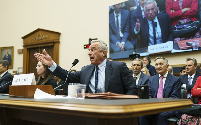 Robert F. Kennedy Jr. gestures with his right hand as he testifies before the Select Subcommittee on the Weaponization of the Federal Government