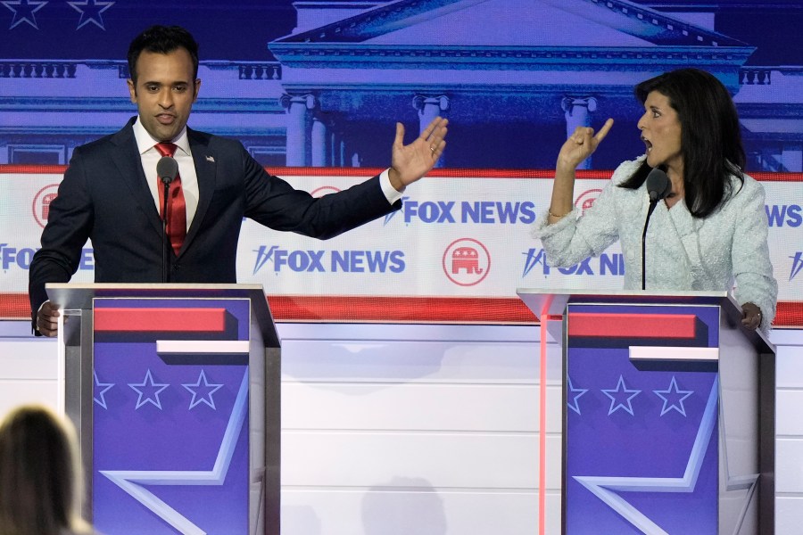 Businessman Vivek Ramaswamy and former U.N. Ambassador Nikki Haley speak during a Republican presidential primary debate hosted by FOX News Channel Wednesday, Aug. 23, 2023, in Milwaukee. (AP Photo/Morry Gash)