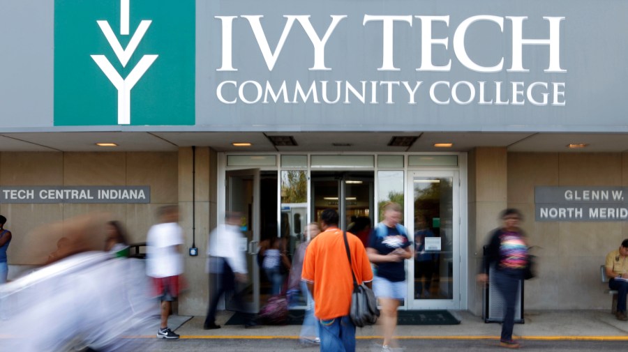 Students move through the entrance to Ivy Tech Community College during a class change in Indianapolis, Wednesday, Sept. 16, 2009.