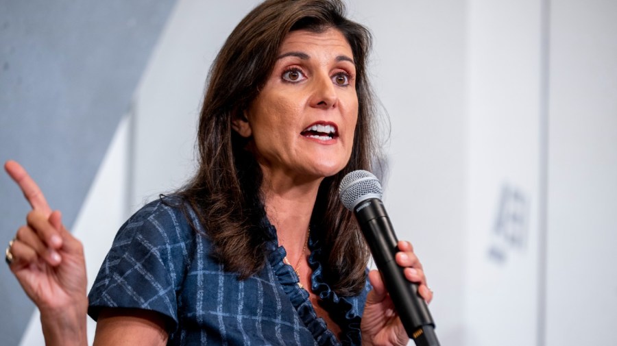 Republican presidential candidate Nikki Haley speaks at American Enterprise Institute, Tuesday, June 27, 2023, in Washington. Haley is criticizing former President Donald Trump for being too friendly to China during his time in office while also warning that weak support for Ukraine would “only encourage” China to invade Taiwan. Haley said in a speech at the American Enterprise Institute on Tuesday that Trump was “almost singularly focused” on the U.S.-China trade relationship but ultimately did “too little about the rest of the Chinese threat.” (AP Photo/Andrew Harnik)