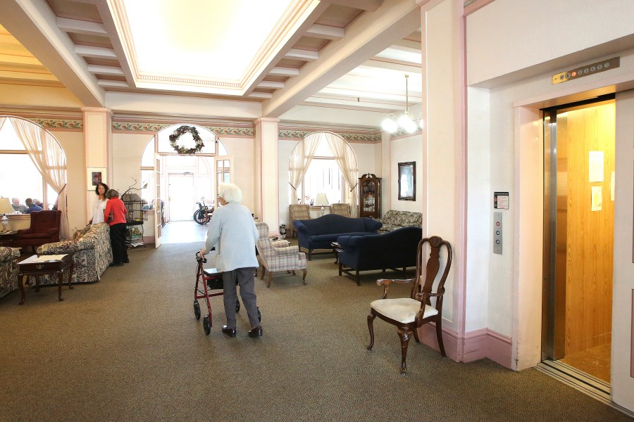 FILE - Bret Harte Retirement Inn residents make their way down to the dining room for lunch, May 6, 2020, in Grass Valley, Calif. The federal government will, for the first time, dictate staffing levels at nursing homes, the Biden administration said Friday, Sept. 1, 2023, responding to systemic problems bared by mass COVID deaths. (Elias Funez/The Union via AP, File)