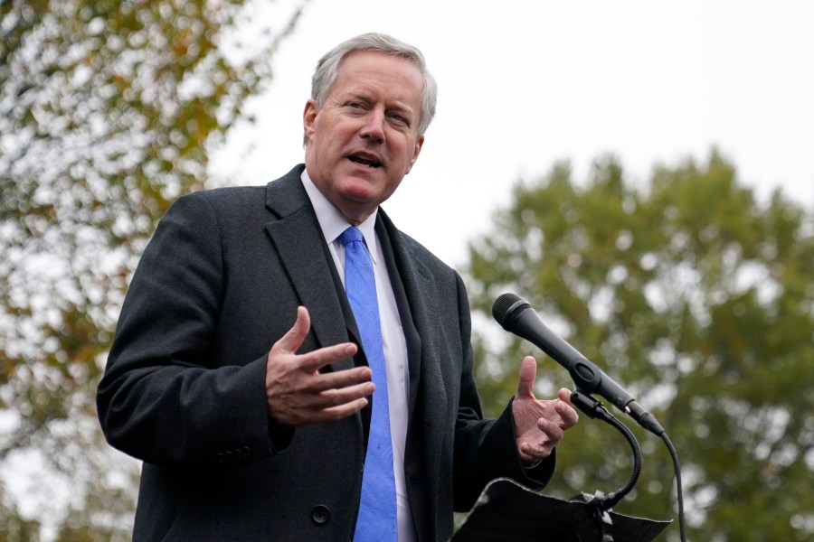 FILE - White House chief of staff Mark Meadows speaks with reporters outside the White House, Monday, Oct. 26, 2020, in Washington. Cassidy Hutchinson, a former aide in Donald Trump’s White House, described then-chief of staff Mark Meadows' handling of papers in a new book set to be released Tuesday, Sept. 25, 2023. The Associated Press obtained a copy of the book, “Enough.” (AP Photo/Patrick Semansky, File)