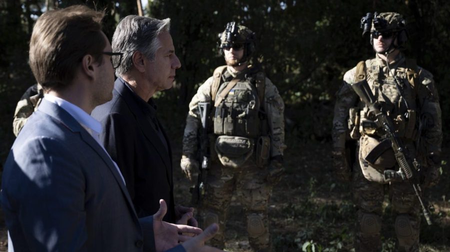 Secretary of State Antony Blinken tours a State Border Guard of Ukraine Detached Commandant Office of Security and Resource Supply site in the Kyiv Oblast, Ukraine, Thursday, Sept. 7, 2023.