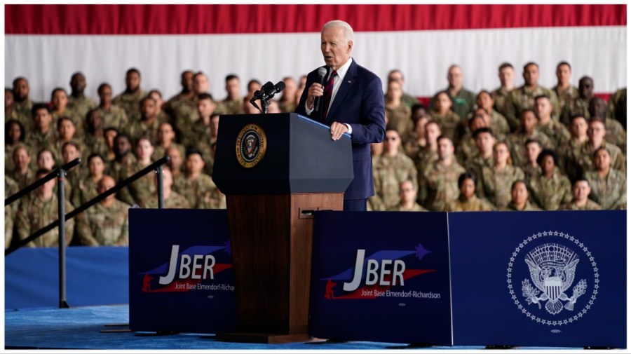 President Joe Biden speaks at Joint Base Elmendorf-Richardson to mark the anniversary of the Sept. 11 terrorist attacks, Monday, Sept. 11, 2023, in Anchorage, Alaska. (AP Photo/Evan Vucci)