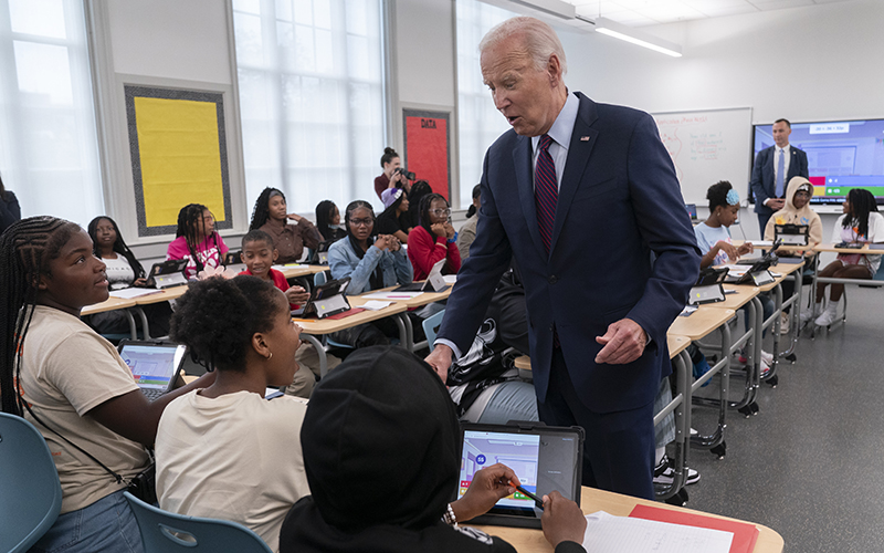 President Biden greets students at Eliot-Hine Middle School in Washington, D.C.