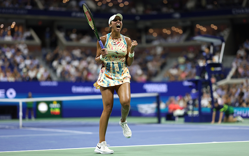 Madison Keys of the United States celebrates match point against Marketa Vondrousova of the Czech Republic during a tennis match