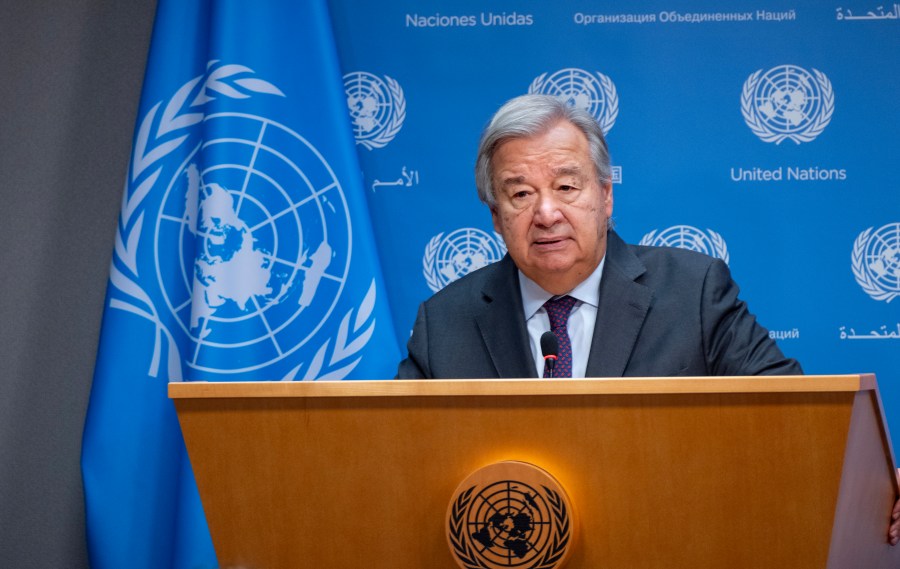 United Nations Secretary-General Antonio Guterres addresses the situation in Israel after an attack by Hamas during a news briefing at United Nations headquarters Monday, Oct. 9, 2023. (AP Photo/Craig Ruttle)