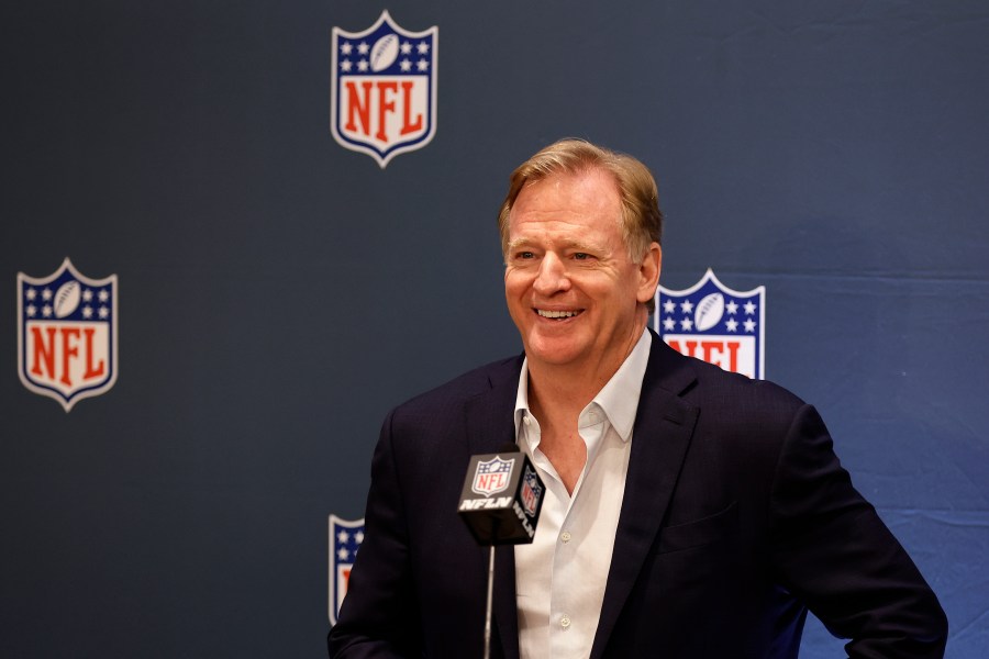 NFL football commissioner Roger Goodell speaks to the media during league meetings Wednesday, Oct. 18, 2023, in New York. (AP Photo/Adam Hunger)