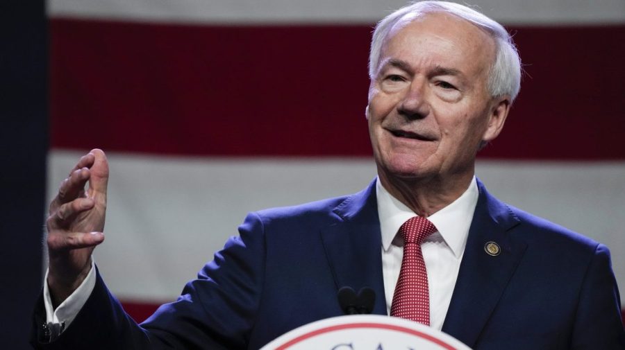 FILE - Republican presidential candidate former Arkansas Gov. Asa Hutchinson speaks at the Republican Party of Iowa's 2023 Lincoln Dinner in Des Moines, Iowa, Friday, July 28, 2023. (AP Photo/Charlie Neibergall, File)