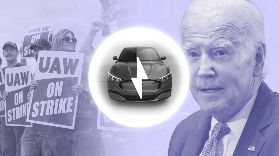 In the center of the illustration is a white circle around the black and white image of a car. In the center of car is a white lightning bolt icon. The background is textured pale blue and features an image of President Biden on the right, with his brow furrowed as he speaks, and an image of members of UAW striking. A few of the people hold signs that read “UAW ON STRIKE”