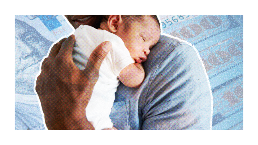 Photo illustration of a Black parent holding a baby wearing white over a light blue background with a photo of $100 bills overlaid