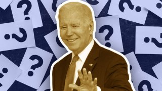 A cutout of President Biden is superimposed over a photo of question marks printed on sheets of paper illustrating the five questions that loom over Biden this Thanksgiving.