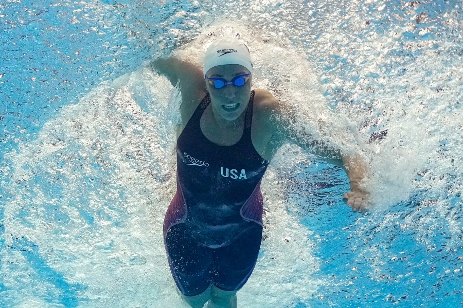 FILE - Abbey Weitzeil, of the United States, competes in a women's 50-meter freestyle heat at the World Swimming Championships in Fukuoka, Japan, Saturday, July 29, 2023. Fifteen years ago, Michael Phelps won eight gold medals at the Beijing Olympics wearing a revolutionary swimsuit known as the Speedo LZR Racer. The super suit era lasted only one more year, wiped out by a ludicrous assault on the record book, but it still matters what the swimmers are wearing. (AP Photo/David J. Phillip, File)