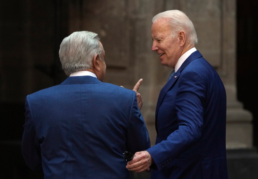 FILE - President Joe Biden and Mexican President Andres Manuel Lopez Obrador chat prior to having the official photo taken during the North America Summit, at the National Palace in Mexico City, Jan. 10, 2023. President Joe Biden and Mexican President Andres Manuel Lopez Obrador are two strong allies who don't always get along personally. On Friday, they will meet to talk migration, fentanyl trafficking and Cuba relations.(AP Photo/Fernando Llano, File)