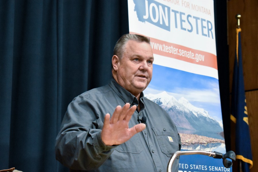 Sen. Jon Tester, D-Mont., speaks during a town hall hosted by the Democratic lawmaker at Montana Technological University, Nov. 10, 2023, in Butte, Mont. Tester lawmaker is seeking re-election to a fourth term. (AP Photo/Matthew Brown)